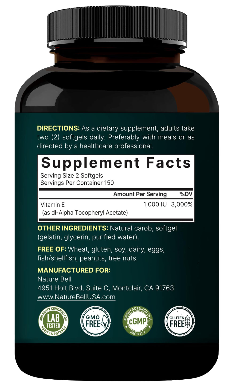 Non-GMO badge on NatureBell Vitamin E Softgels package