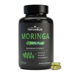 Front view of NATUREBULK Moringa Oleifera leaf capsules 880mg