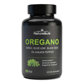 NatureBulk oregano oil extract bottle front view – 120 capsules