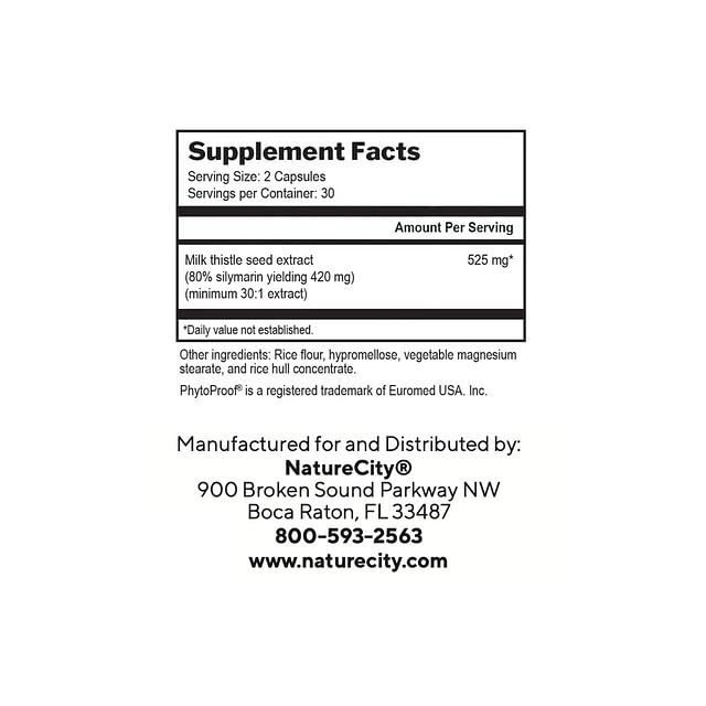 Nutrition facts showing 525 mg per capsule and 420 mg silymarin