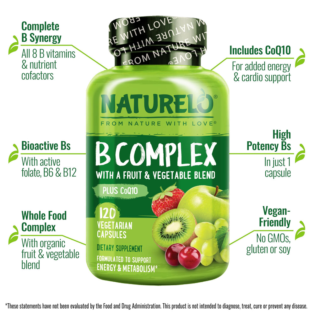 Vegan Vitamin B Complex capsules near CoQ10 bottle