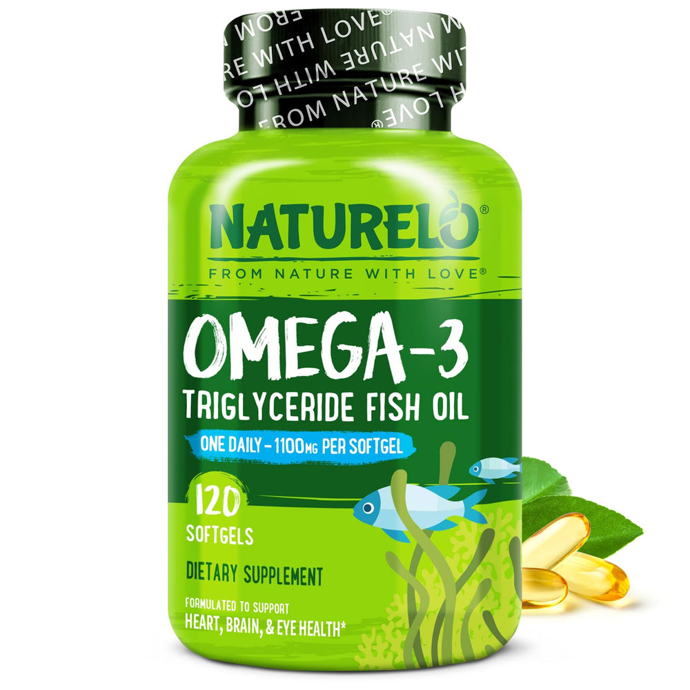 Hero image: bottle of NATURELO Burpless Omega-3 1100mg softgels