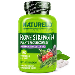 Naturelo Calcium Bone Strength bottle showing 600 mg calcium with plant-based ingredients