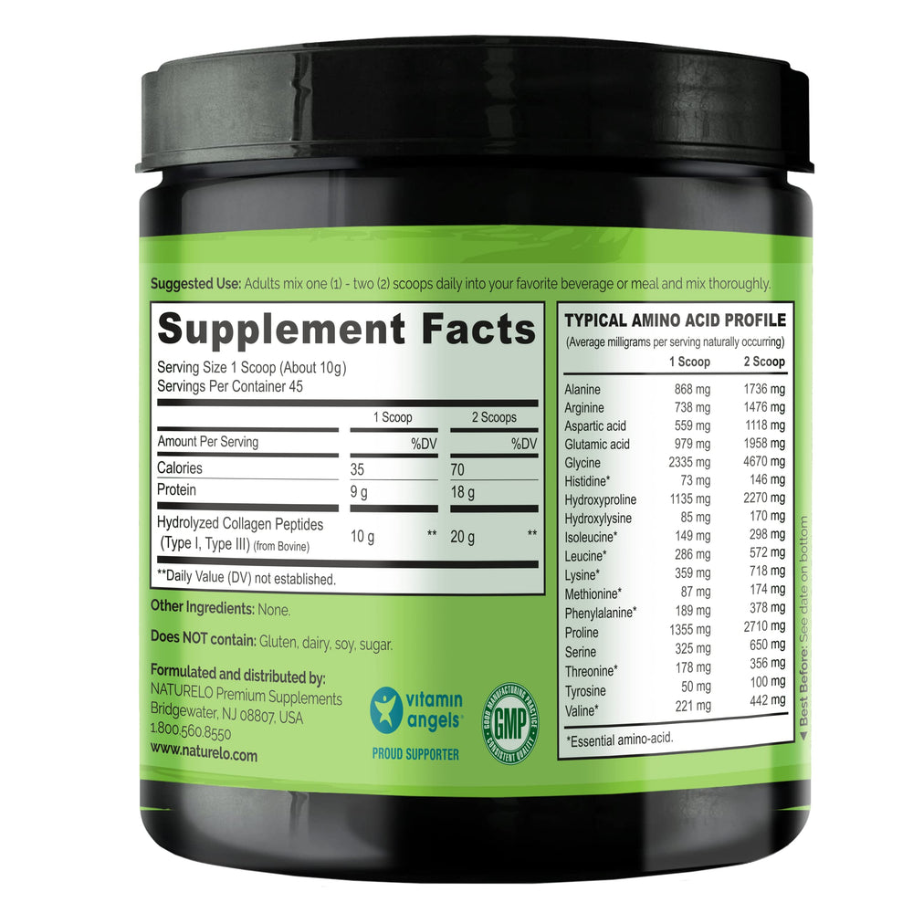 Supplement facts label for Naturelo Collagen Peptide Powder