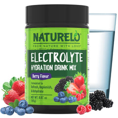 Canister of NATURELO Electrolyte Powder Berry flavor on white background