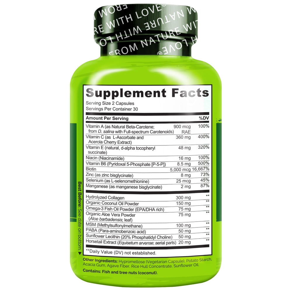 Healthy hair, skin and nails concept with Naturelo packaging