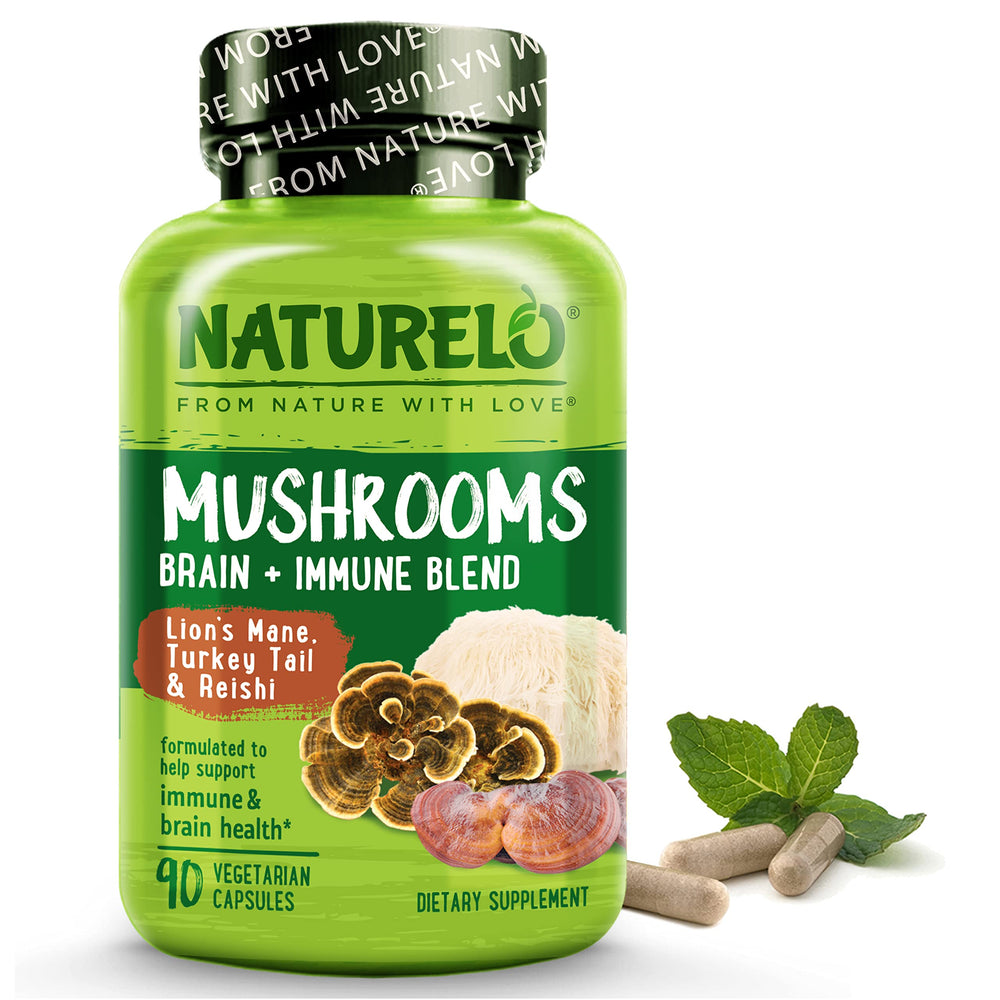 Naturelo mushroom supplement bottle featuring Lion's Mane, Reishi, and Turkey Tail