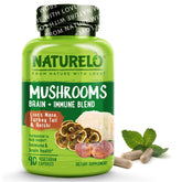 Naturelo mushroom supplement bottle featuring Lion's Mane, Reishi, and Turkey Tail