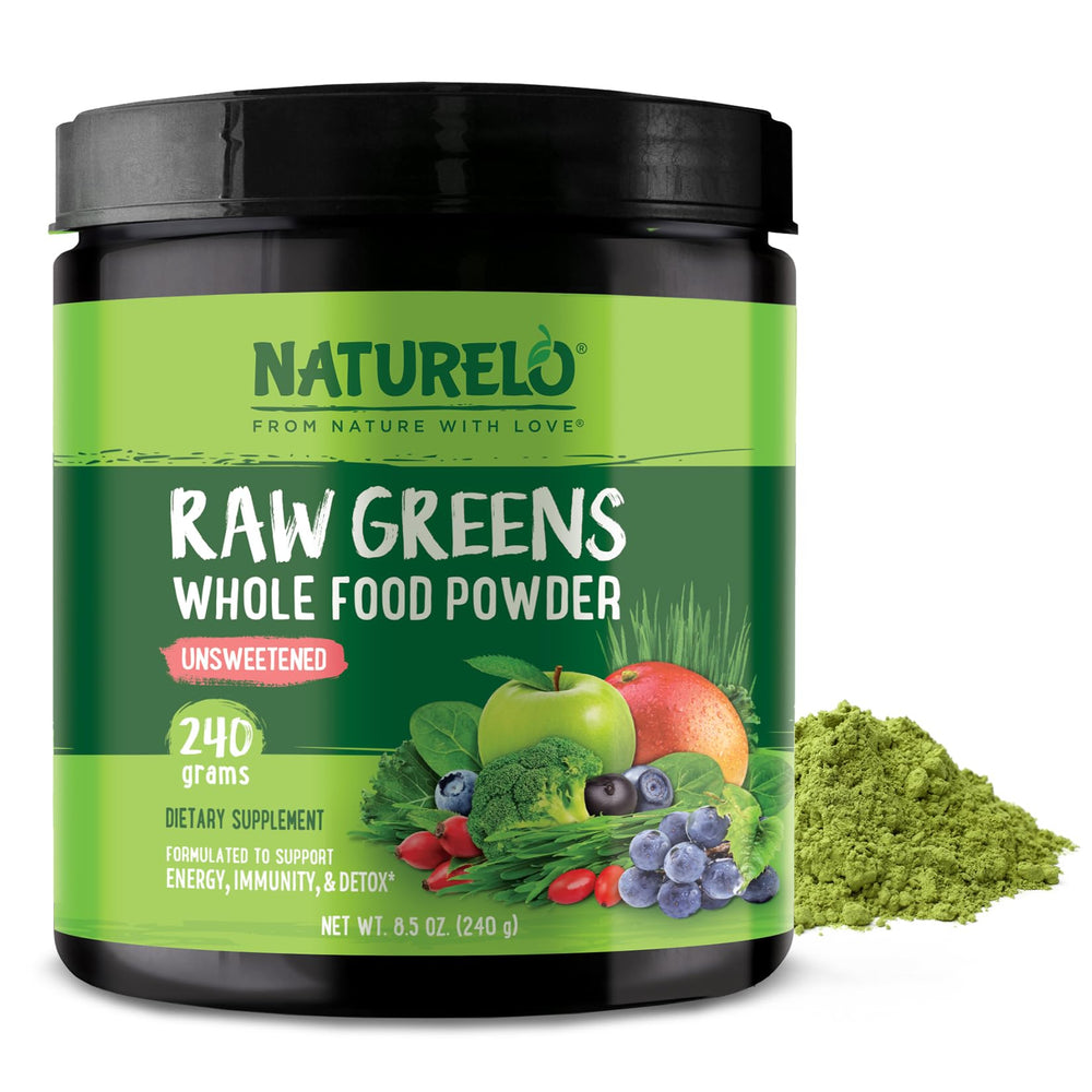 Label of NATURELO Raw Greens Powder Unsweetened 240g