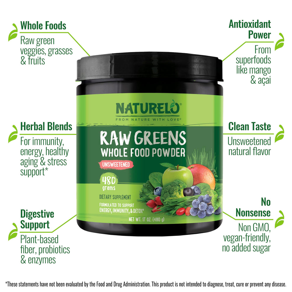 Back view of the NATURELO Raw Greens Powder jar with nutrition facts