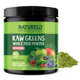 Front view of NATURELO Raw Greens Powder unsweetened 480 g jar