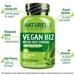 Naturelo Vegan B12 bottle label - 1000 mcg methylcobalamin with spirulina - pack 2