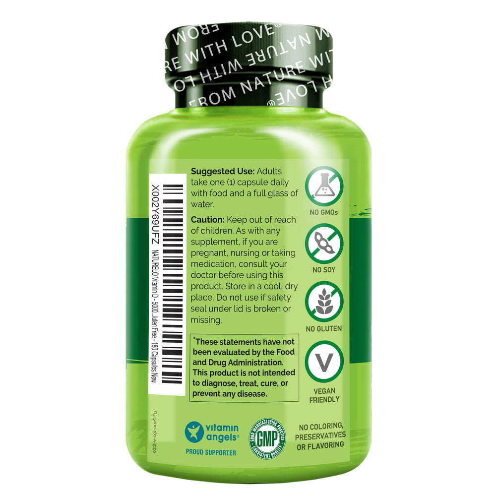 Close-up of Naturelo Vitamin D3 5000 IU bottle label
