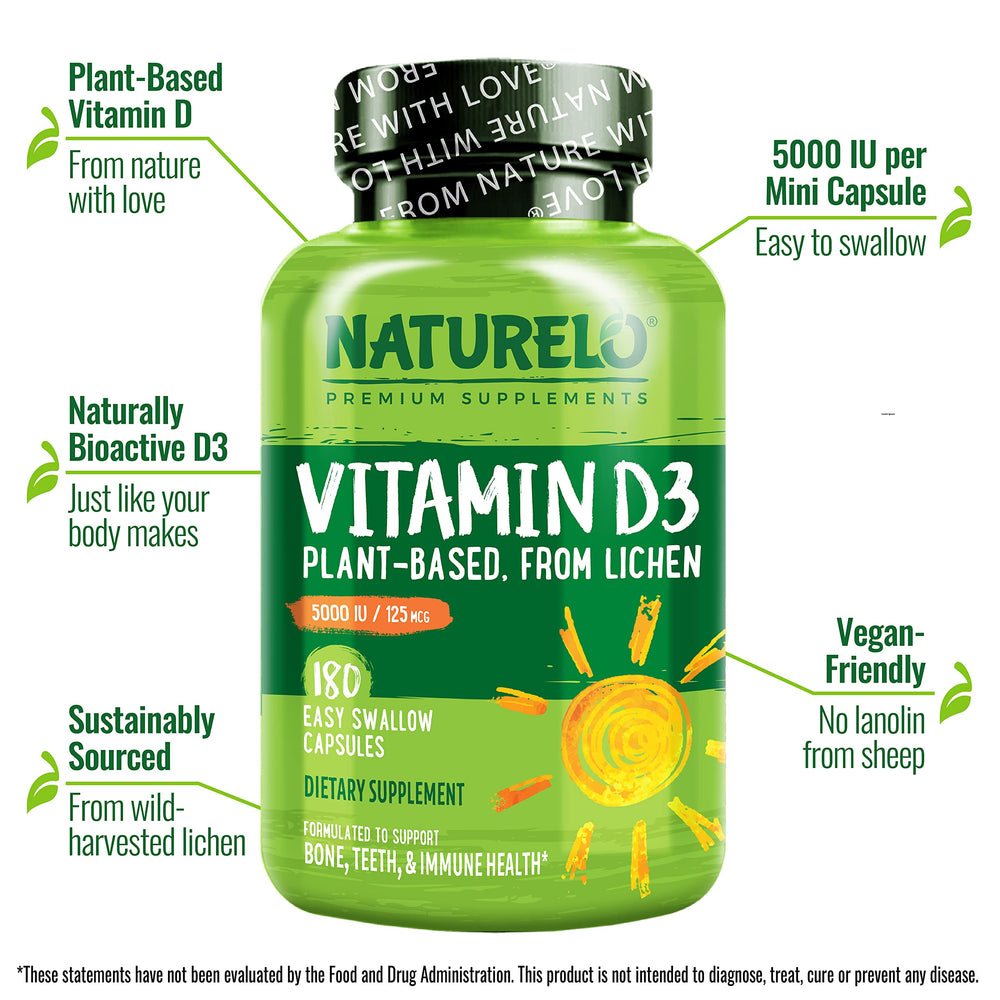 Label close-up of Naturelo Vitamin D3 5000 IU