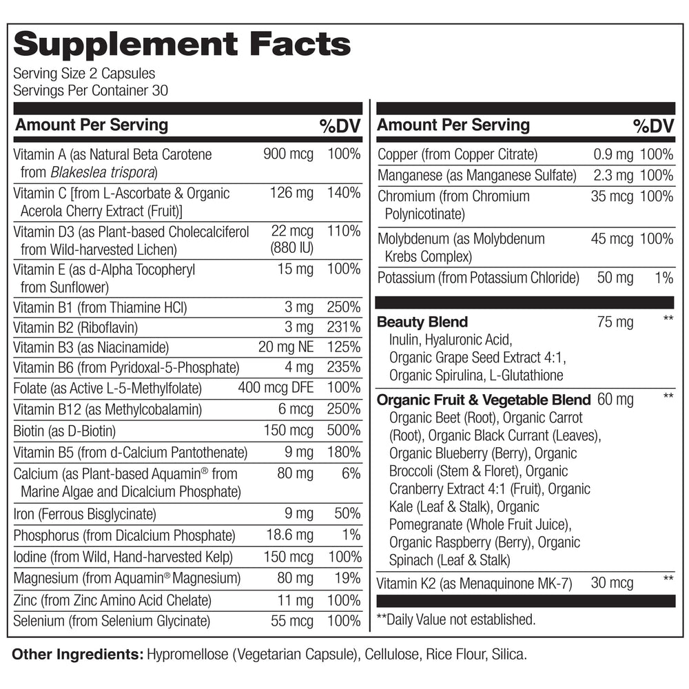 Illustration of hyaluronic acid, glutathione, and grape seed highlights in Beauty Blend