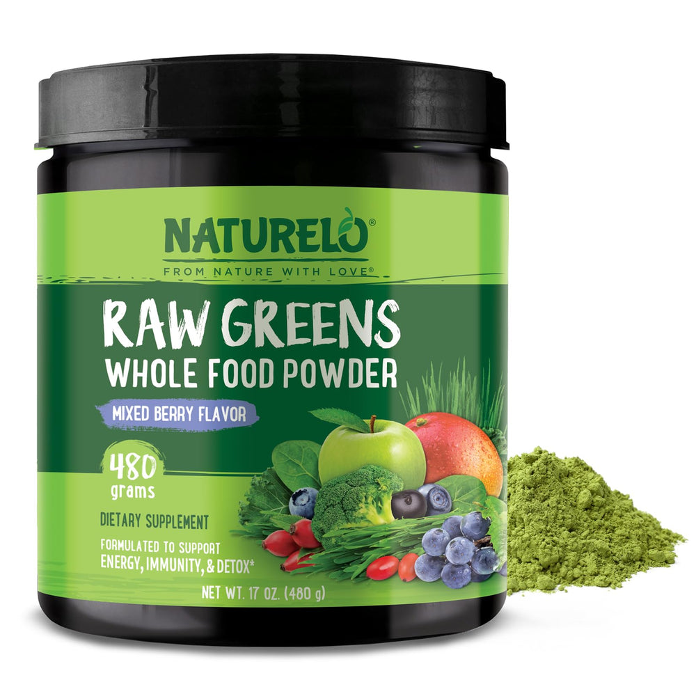 Front view of NATURELO Raw Greens Powder 480g Mixed Berry