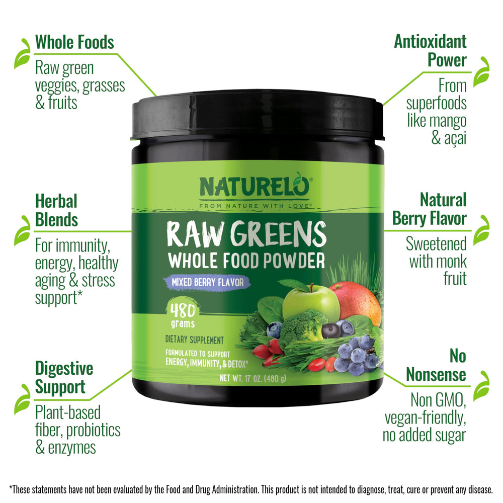 NATURELO Raw Greens Powder 480g Mixed Berry label