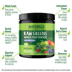 NATURELO Raw Greens Powder 480g Mixed Berry label