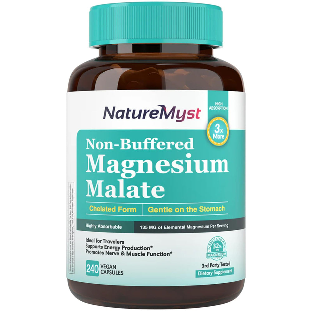 Front label of NatureMyst Magnesium Malate bottle