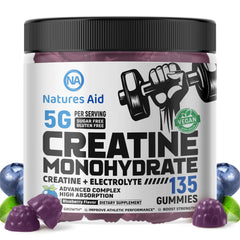 Front view of Natures Aid Creatine Monohydrate Gummies bottle with Blueberry Electrolyte flavor.