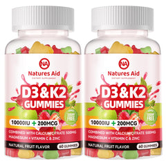 Front view of Natures Aid Sugar-Free D3 K2 Gummies 120-count bottle