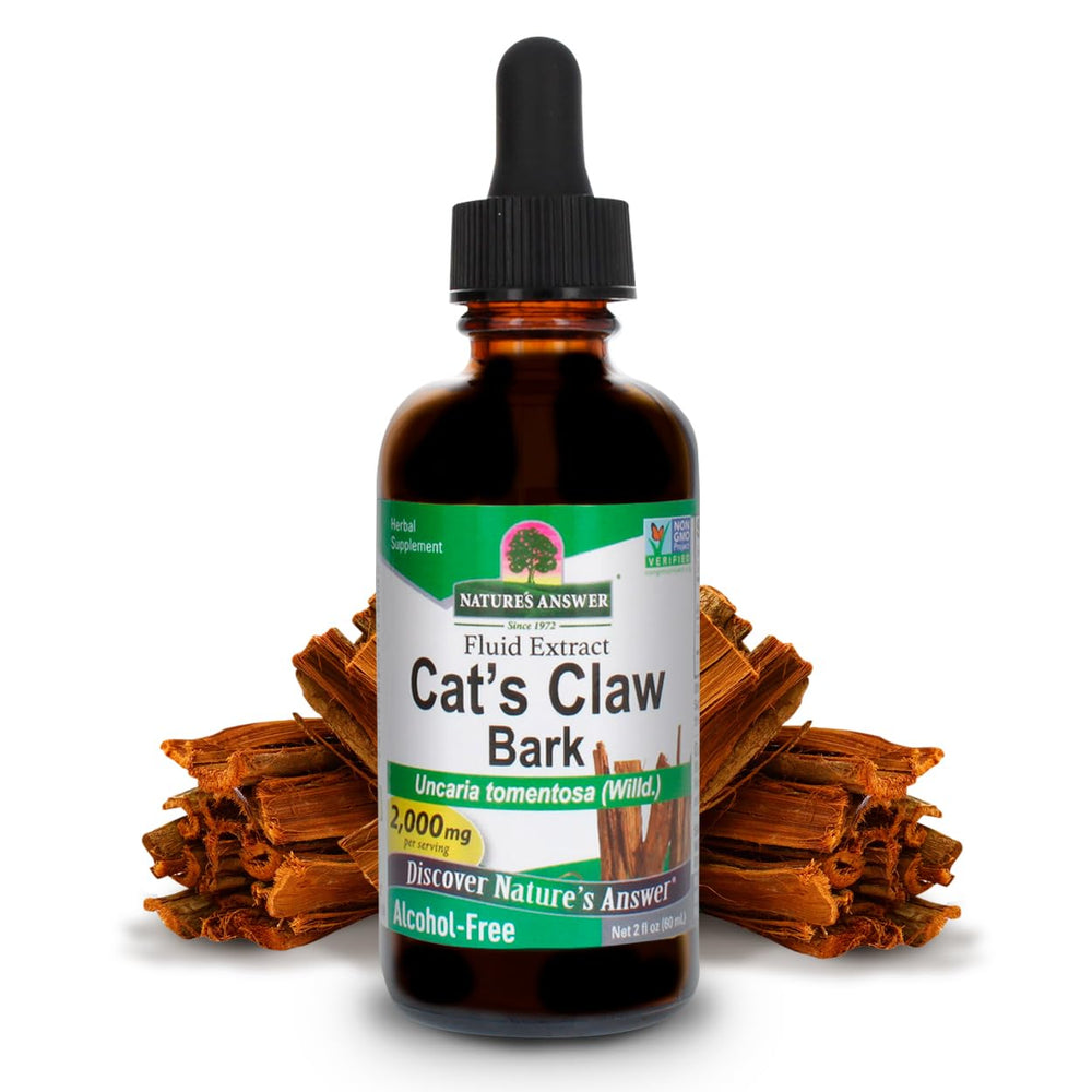 Nature's Answer Cat's Claw bark liquid extract bottle label, alcohol-free joint support option.