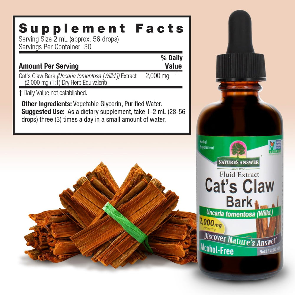 Nature's Answer Cat's Claw bottle pour demonstrates convenient tincture use.