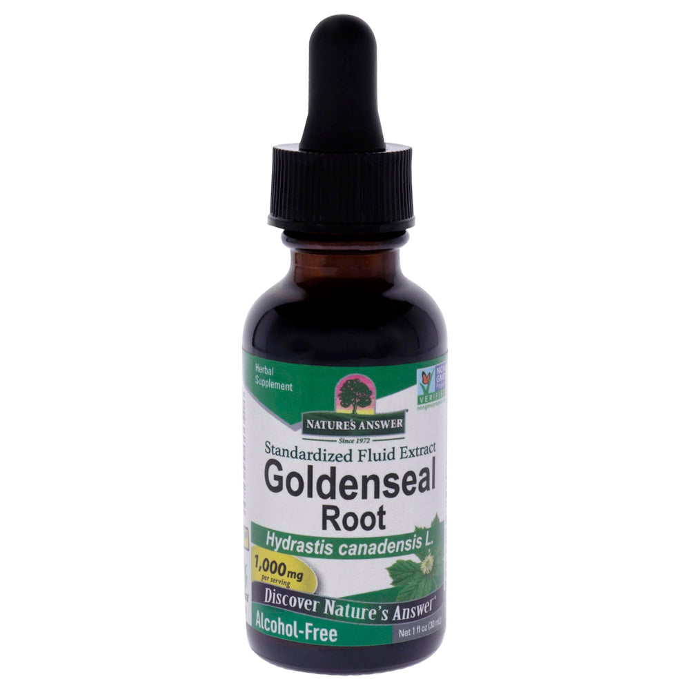 Nature's Answer Goldenseal Root bottle pour highlights concentrated herb extract for mucous membranes support