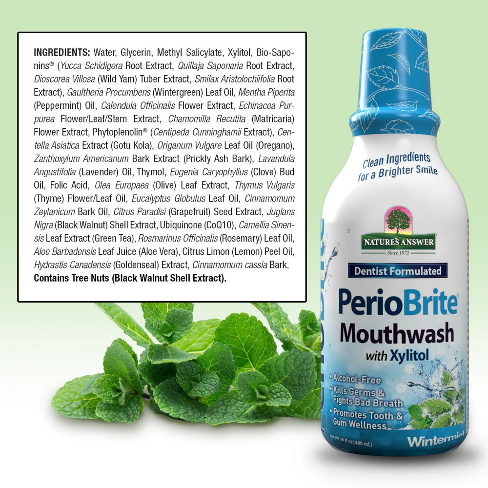 Close up of Nature's Answer PerioBrite Wintermint bottle