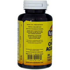 Open bottle showing raspberry-flavored chewable tablets