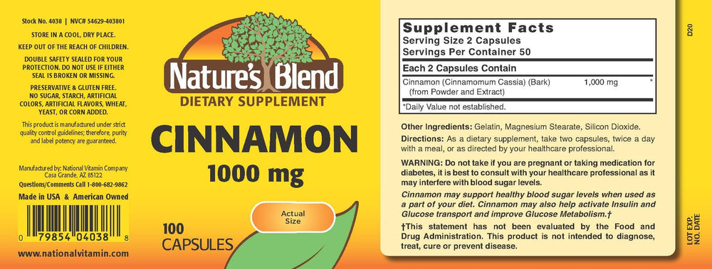 Nature's Blend Cinnamon 1000 mg 100 Caps bottle label close-up