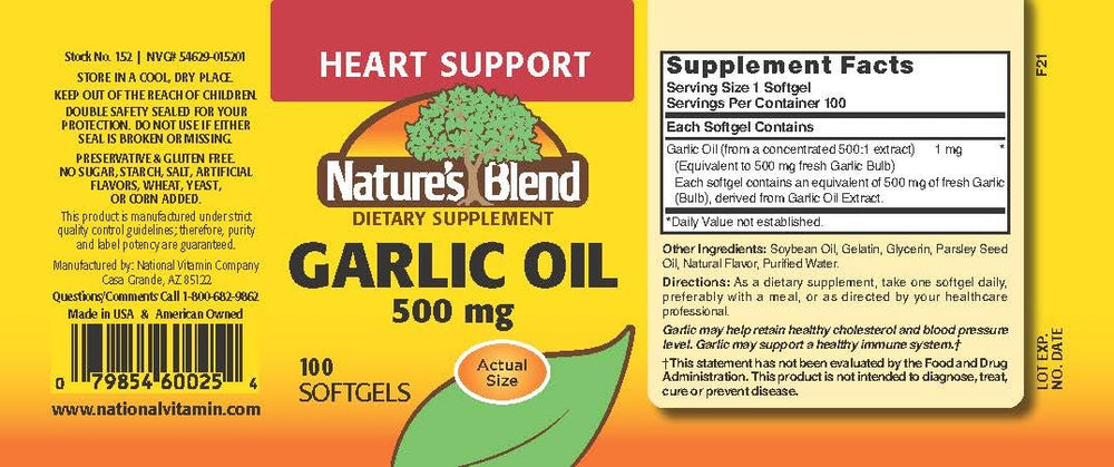 Close-up of Nature's Blend Garlic Oil 500 mg softgels bottle label