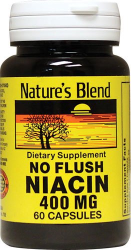 Close-up of Niacin No Flush 400 mg capsules from Nature's Blend