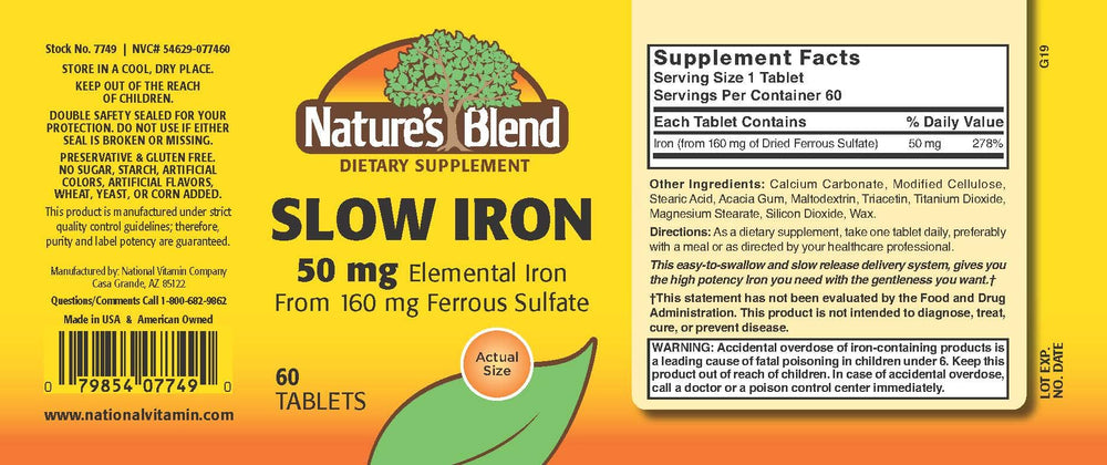 Close-up of Nature's Blend Slow Iron 50 mg (160 mg) tablets
