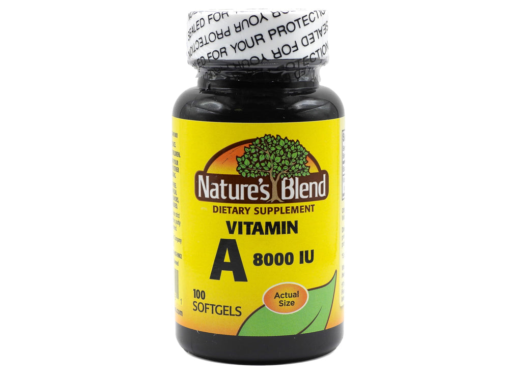 Bottle of Nature's Blend Vitamin A 8000 IU softgels, 100-count