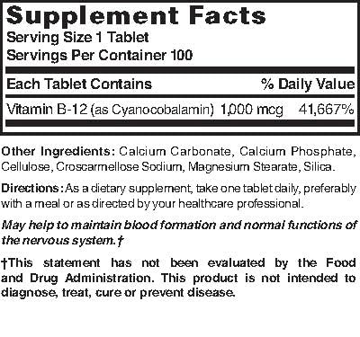 Close-up of Nature’s Blend Vitamin B-12 1000 mcg tablets