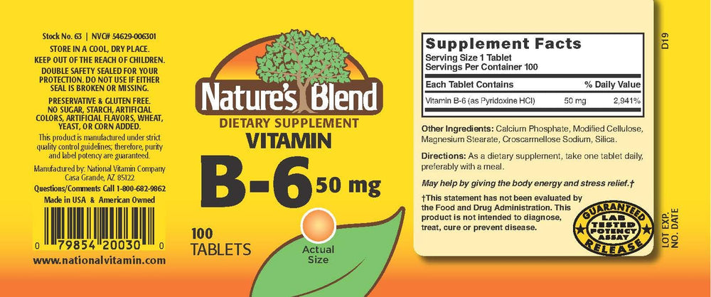Close-up of Nature's Blend Vitamin B-6 50mg label