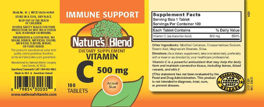 Vitamin C 500 mg tablets – 100-count bottle close-up