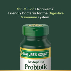 Label close-up on Nature's Bounty probiotic bottle showing ingredients
