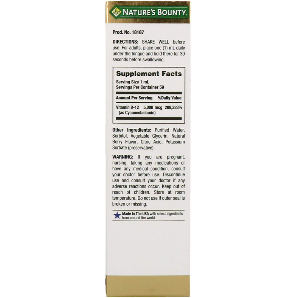 Close-up of Nature's Bounty B-12 label cyanocobalamin 5000mcg