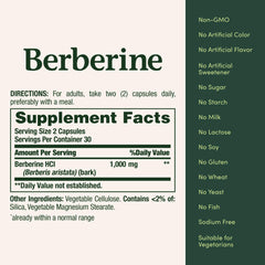 Nature's Bounty Berberine 1000mg capsules packaging for a 60-count supply