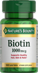 Front label of Nature's Bounty Biotin 1000 mcg 100 tablets