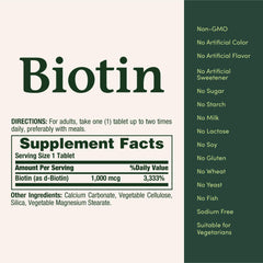 Packaging of Nature's Bounty Biotin 1000 mcg bottles