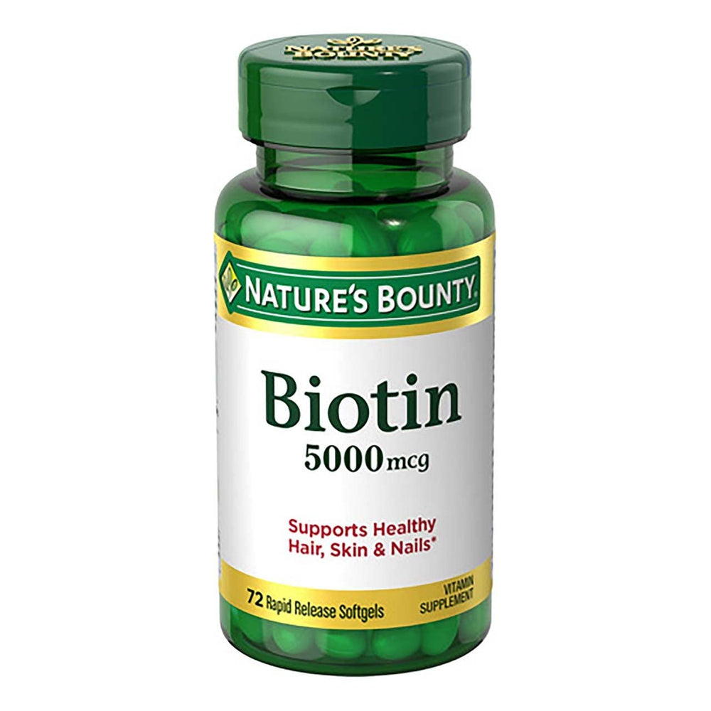 Front view of Nature's Bounty Biotin bottle trio