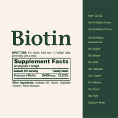 Non-GMO, gluten-free, sugar-free Biotin information on label