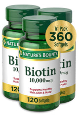 Product packaging showing three bottles of Biotin