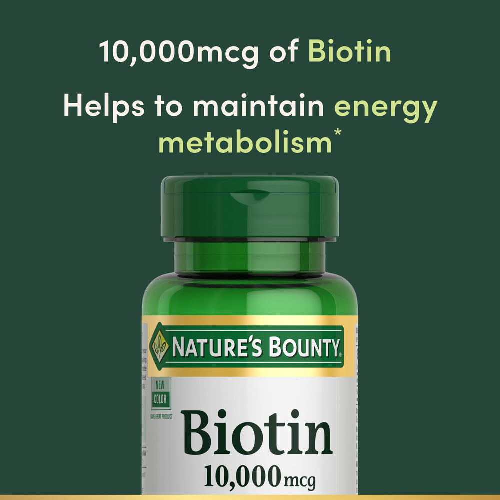 Nature's Bounty Biotin softgels pouring for easy daily use.