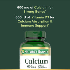 Calcium tablets with Nature's Bounty label showing 600mg calcium per serving
