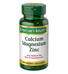 Bottle of Nature's Bounty Calcium Magnesium Zinc Caplets (100 caplets) Pack of 6 – front view