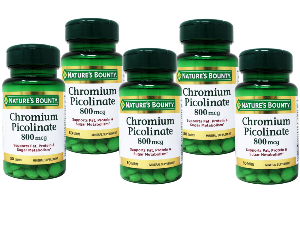 Close-up of Nature's Bounty Chromium Picolinate 800 mcg tablets bottle